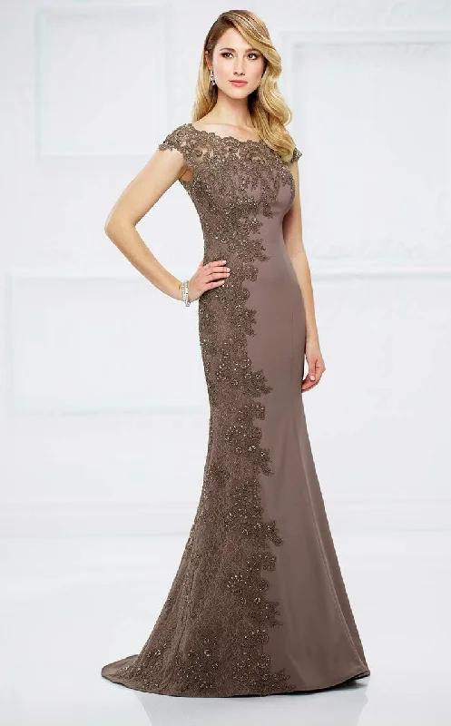 Closeout Montage by Mon Cheri - 217948 Bateau Neck Beaded Lace Trumpet Gown  - 1 pc Mocha in Size 6 Available