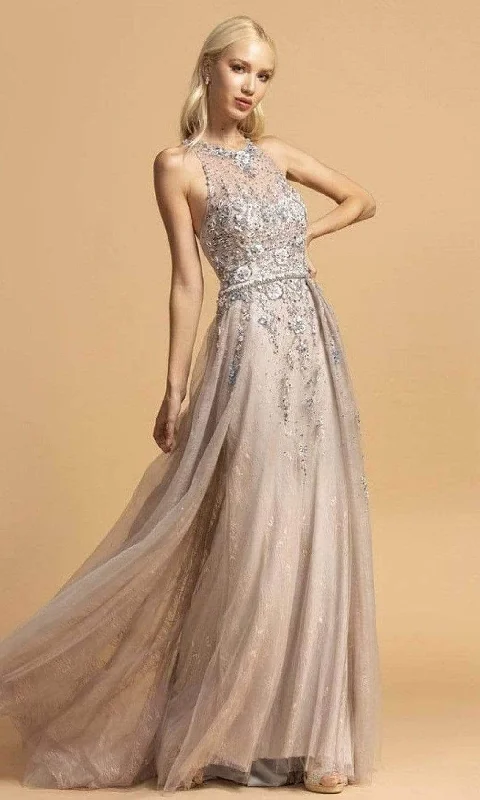 Shop and Save Aspeed Design - Halter Floral Beaded Prom Dress L2155 - 1 pc Silver - Blush In Size M Available