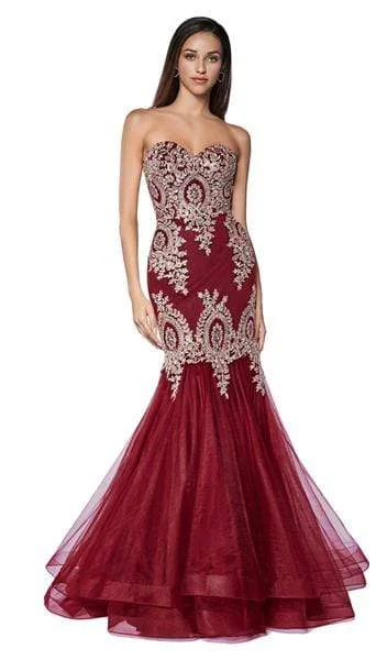 Get It Before It’s Gone Cinderella Divine - Lace Appliqued Mermaid Gown 9179 - 1 pc Burgundy-Gold In Size S Available