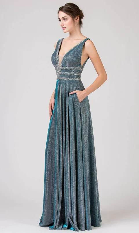 Warehouse Sale Eureka Fashion 8606 - Plunging V-Neck Shimmer Prom Gown