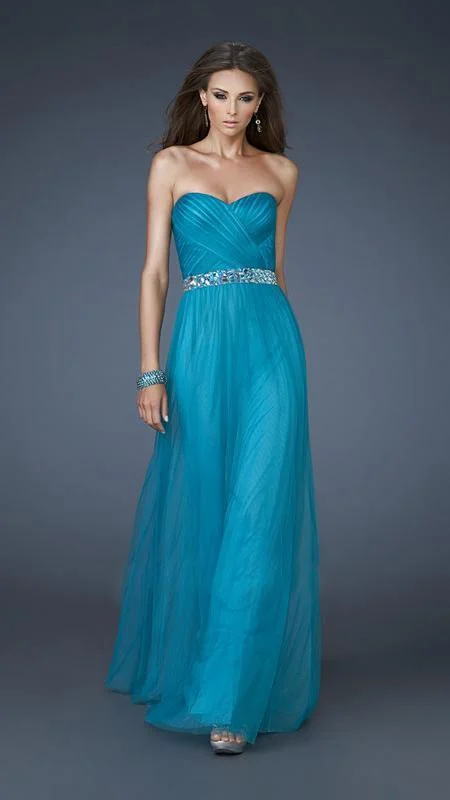 Exclusive Deal La Femme - 18656 Pleated Surplice Bodice Strapless Sweetheart Gown - 1 Pc. Peacock/Turquoise in size 2 Available