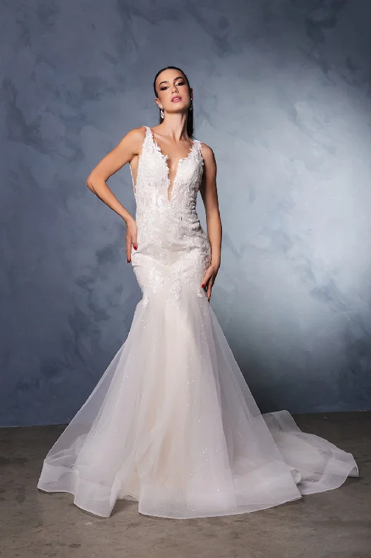 Shop and Save May Queen RQ8181 - Plunging Neck Sleeveless Bridal Gown