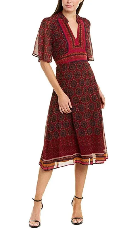 Final Clearance Taylor 1575M - Collared V-Neck Short Sleeved Printed Chiffon Dress