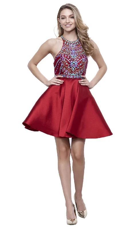 Stock Clearance Nox Anabel - 6251 Bejeweled Illusion Halter Satin Dress