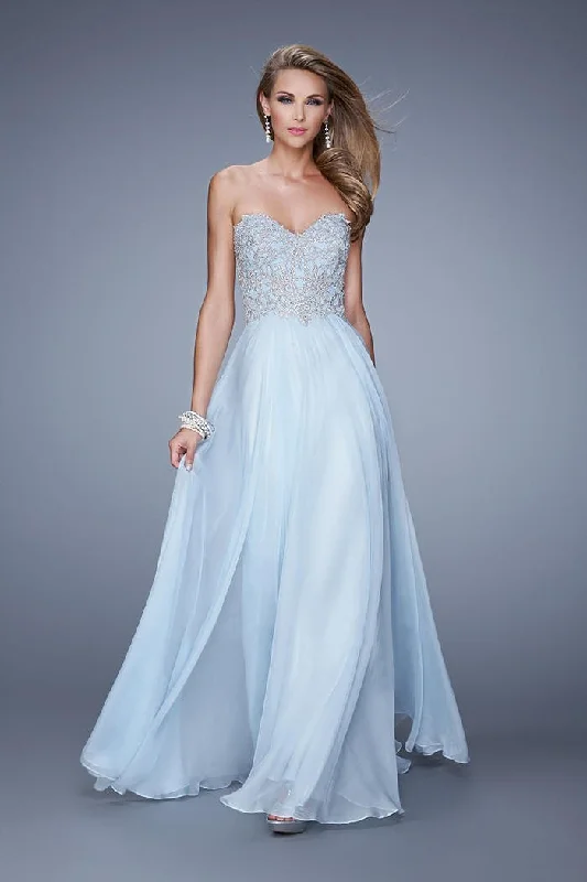 Weekend Special La Femme 20888 Strapless Embroidered Chiffon A-line Dress - 1 Pc. Powder Blue in size 10 Available