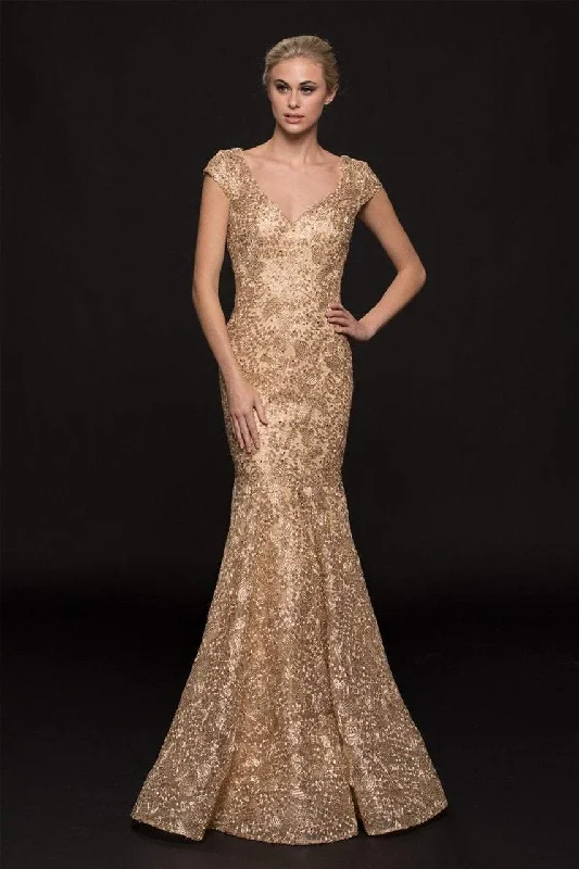 Midnight Madness Marsoni by Colors - M212 Fitted Lace V-Neck Mermaid Gown