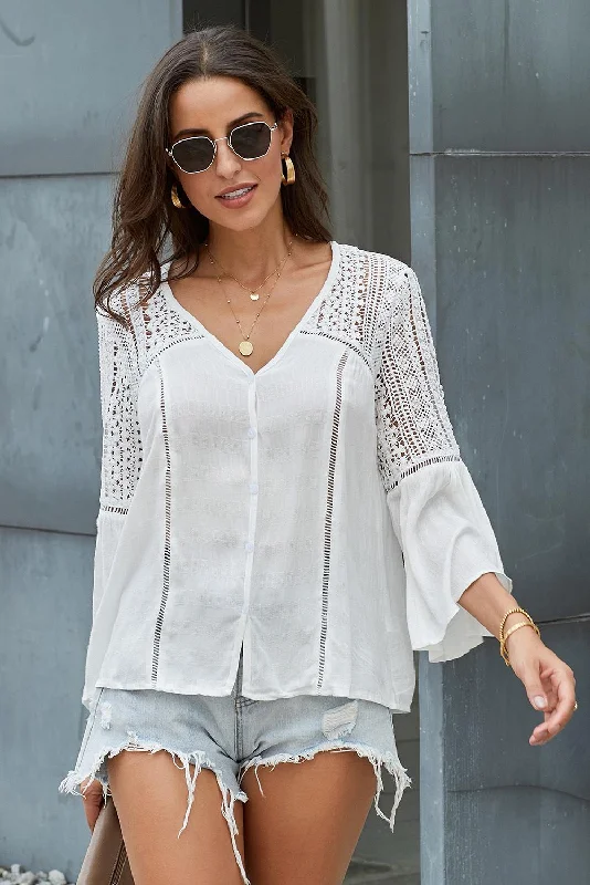 Flare Sleeve Spliced Lace V-Neck Shirt