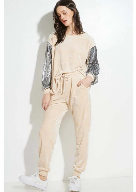 Champagne Glam Velvet Track Suit with Sequins Sleeves Made in USA