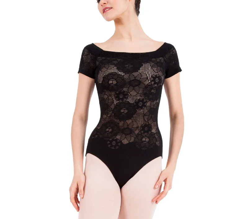 Short-sleeved lace leotard