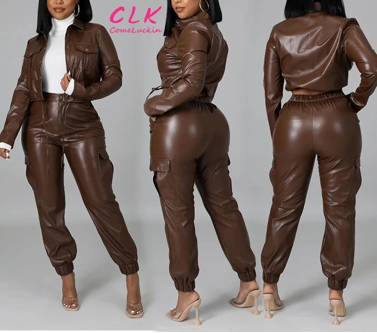 Autumn Hot Selling Fashion Slim Multiple Pockets Tracksuit Women Fleece Leather 2pc Tracksuit Women