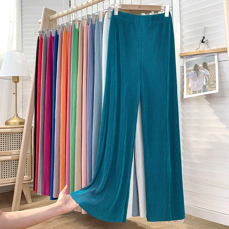 Factory direct sales High waist skinny ice silk pleated wide leg pants Chiffon Casual Pants