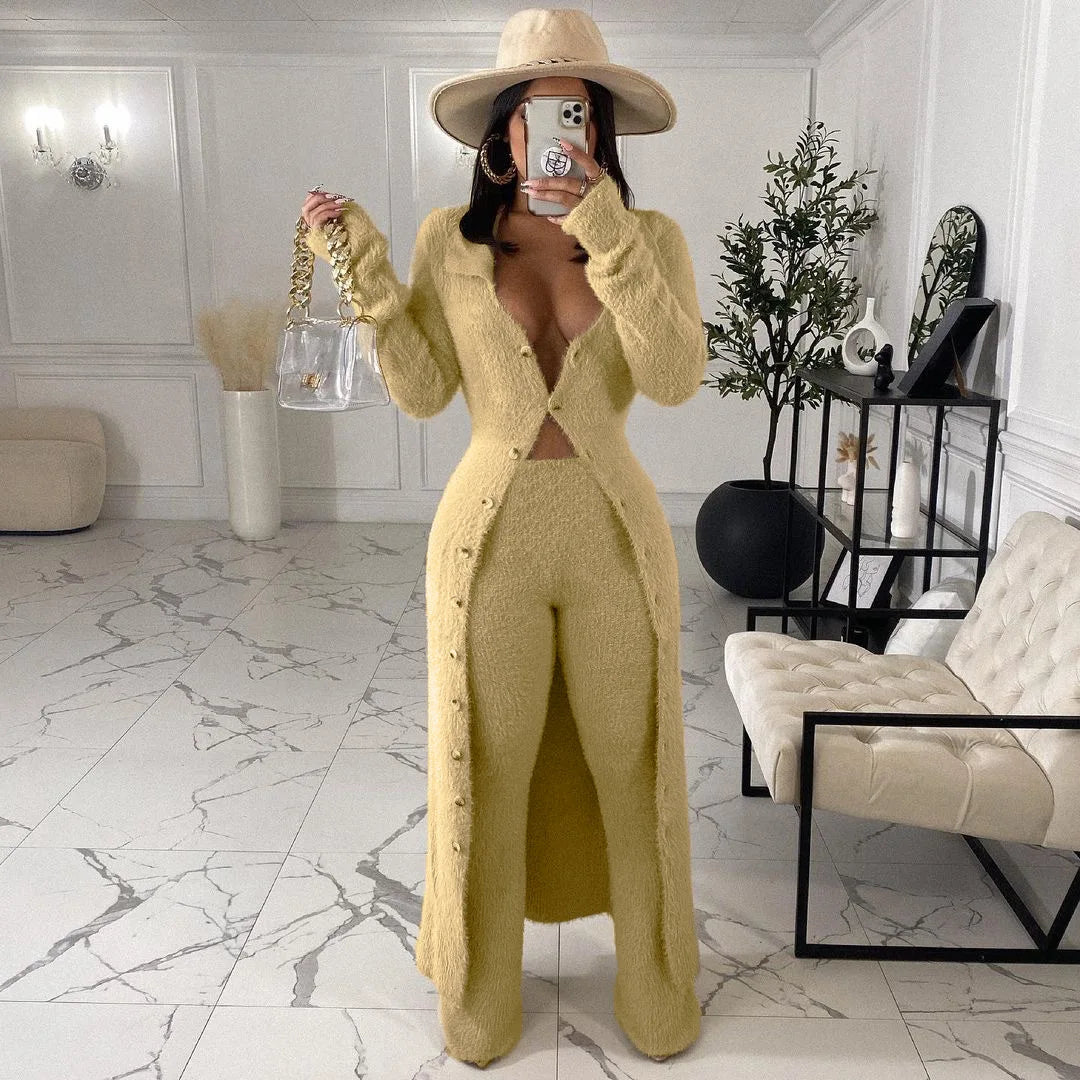 Latest Coat Pant Designs Woman Long Fur Coat Fur Jacket Two Piece Pants Set Winter 2 Piece Matching Ladies Coat Pant Suits