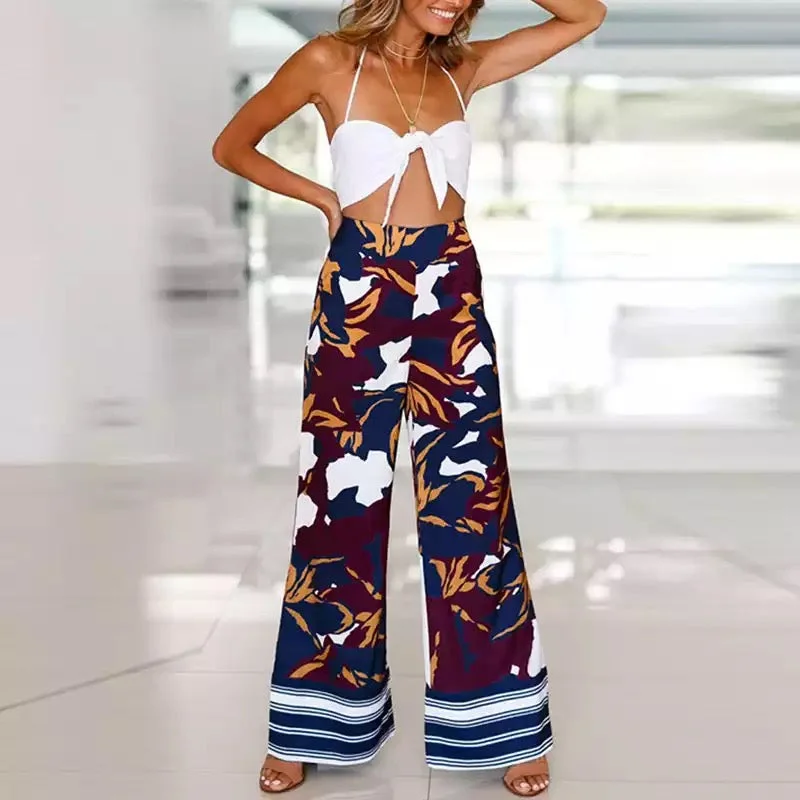 Women Pants Casual Long Trousers Floral Print Boho High Waist Loose Coastal Sea Beach for Ladies Wide Leg Pants Flat Front