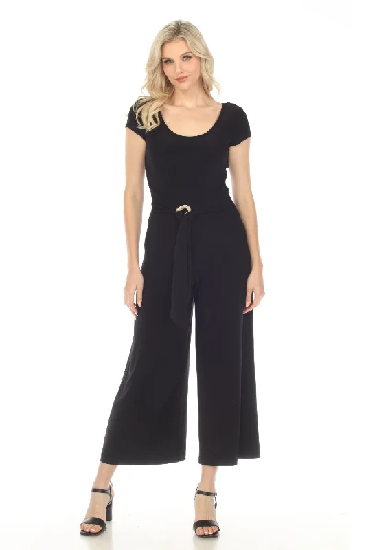 Joseph Ribkoff Black Scoop Neck Waist Sash Cropped Jumpsuit 241057