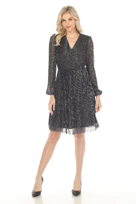 Joseph Ribkoff Black/Silver Metallic Faux Wrap A-Line Dress 234709