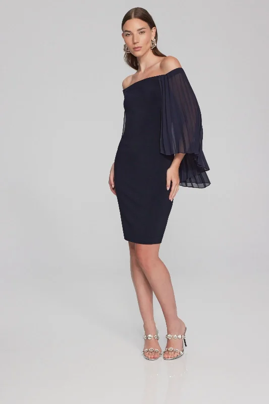 Joseph Ribkoff Midnight Blue Off-Shoulder Pleated Cape Sleeve Sheath Dress 241781