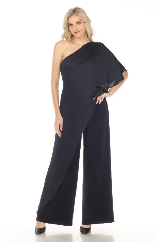 Joseph Ribkoff Midnight Blue One-Shoulder Chiffon Overlay Jumpsuit 241769