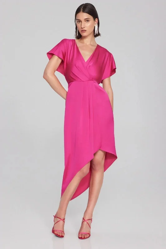 Joseph Ribkoff Shocking Pink Faux Wrap Hi-Low Asymmetric Midi Dress 241777