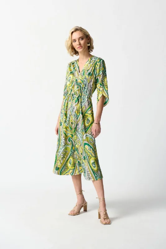 Joseph Ribkoff Vanilla/Multi Paisley Print Waist Tie Satin Midi Shirt Dress 242208