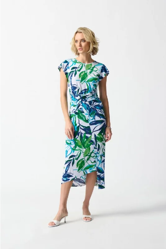 Joseph Ribkoff Vanilla/Multi Tropical Print Faux Wrap Midi Sheath Dress 242159