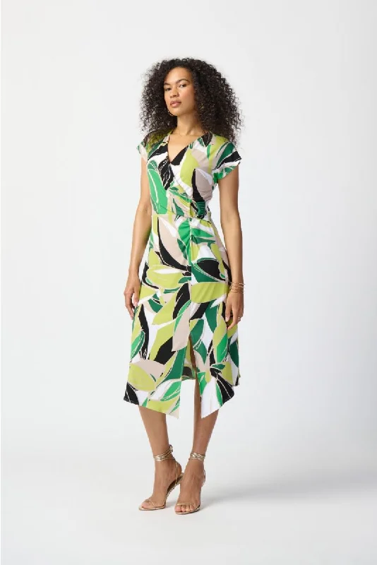 Joseph Ribkoff Vanilla/Multi Tropical Print V-Neck Front Slit A-Line Dress 241201