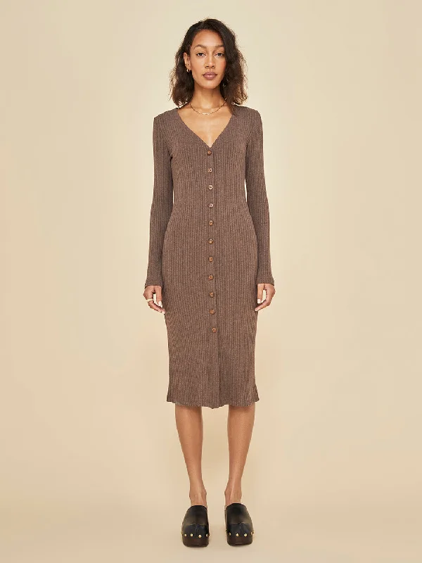 Long Sleeve Cardigan Rib Dress - Caramel