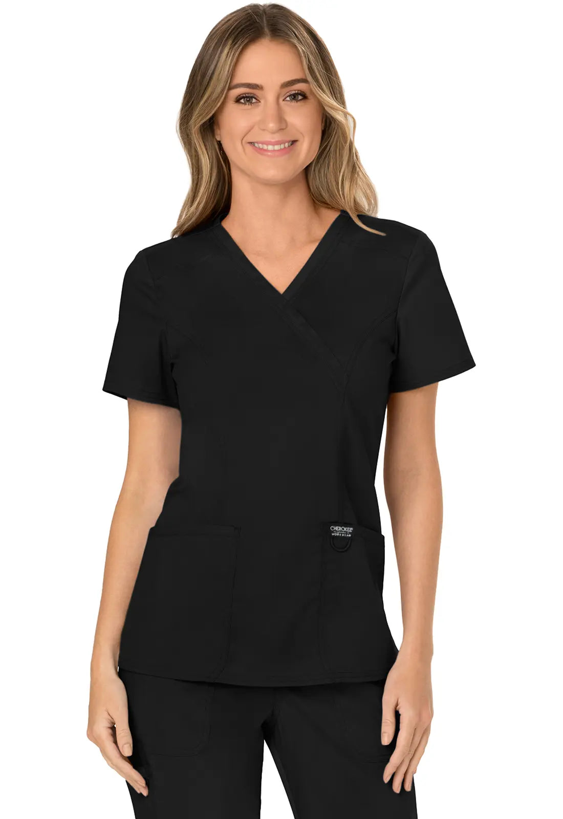 Cherokee Women's 3-Pocket Mock Wrap Top - Black