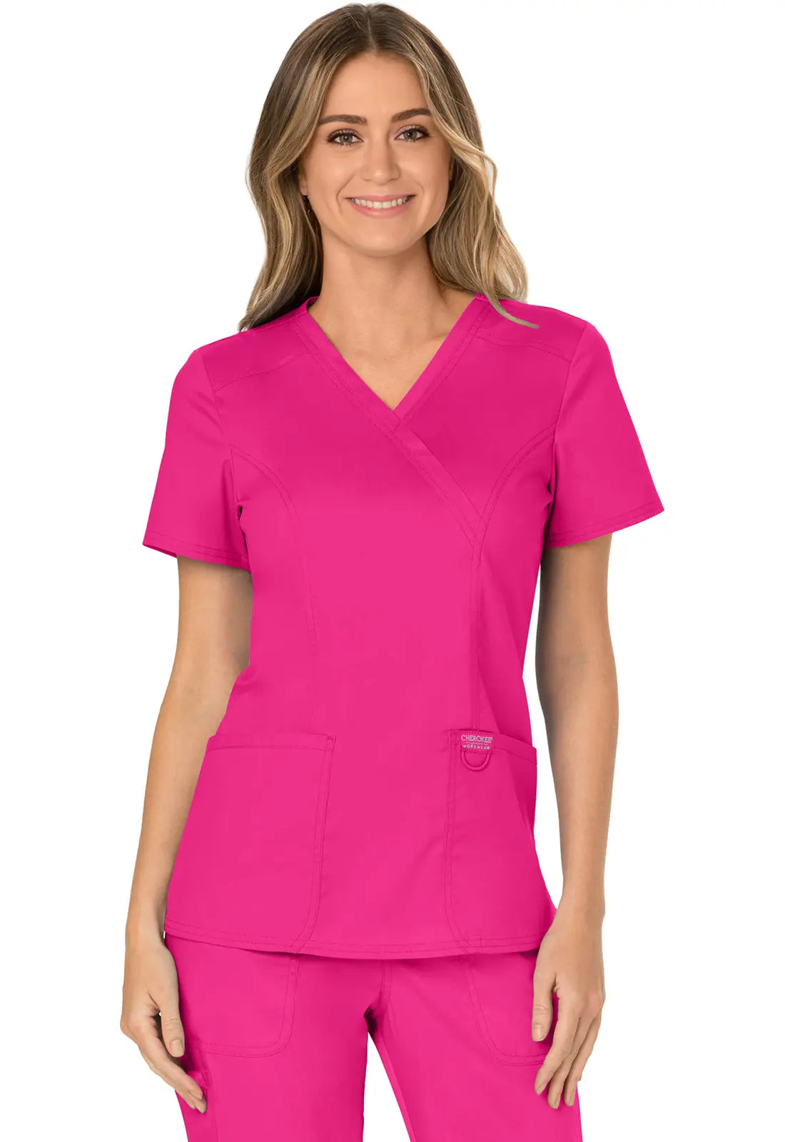 Cherokee Women's 3-Pocket Mock Wrap Top - Electric Pink