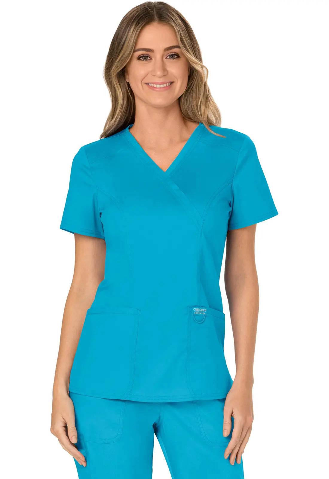 Cherokee Women's 3-Pocket Mock Wrap Top - Turquoise