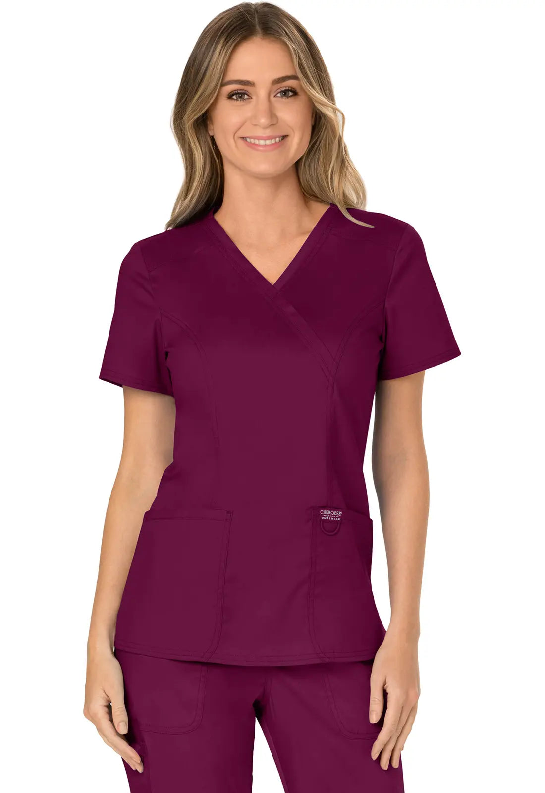 Cherokee Women's 3-Pocket Mock Wrap Top - Wine