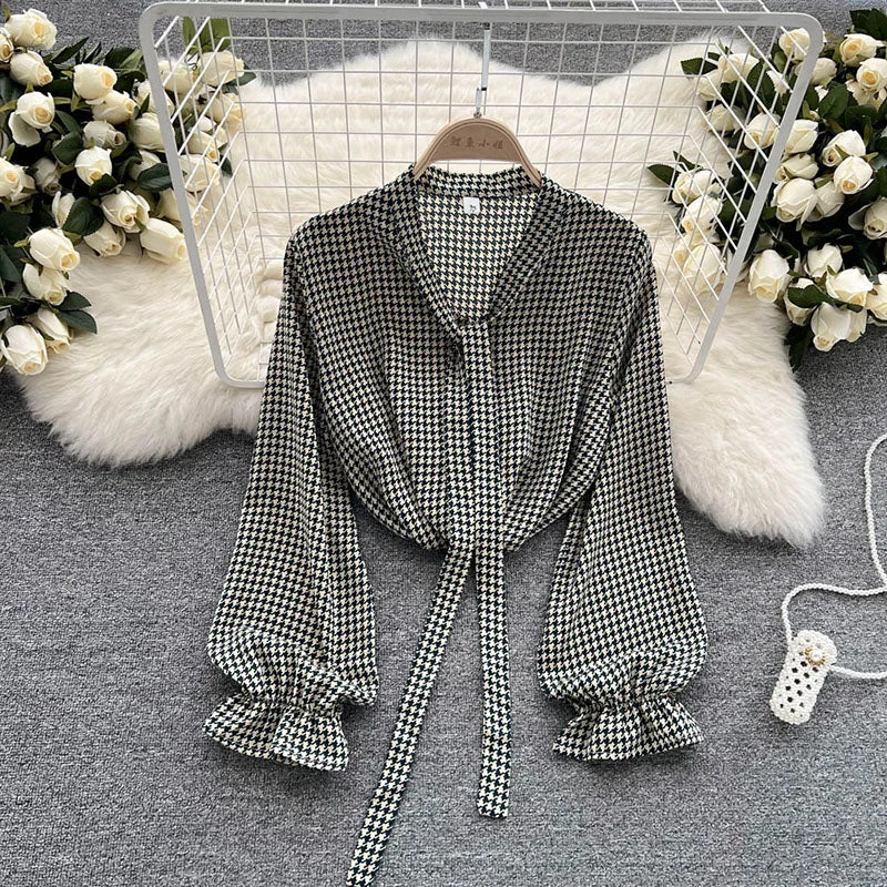 Chic Houndstooth Bandage Bow Neck Blouse Lady Elegant Long Sleeve Office Shirts Tops For Women Top Fashionable