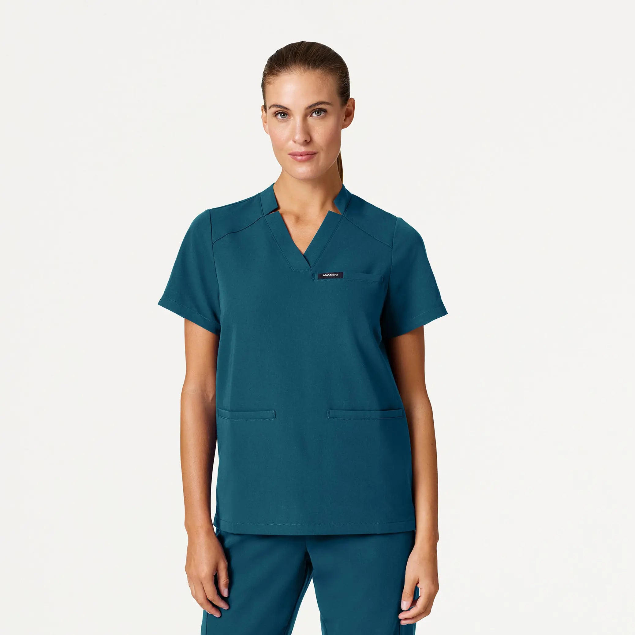 Jaanuu Women's Helia Notched V-Neck Scrub Top - Caribbean Blue