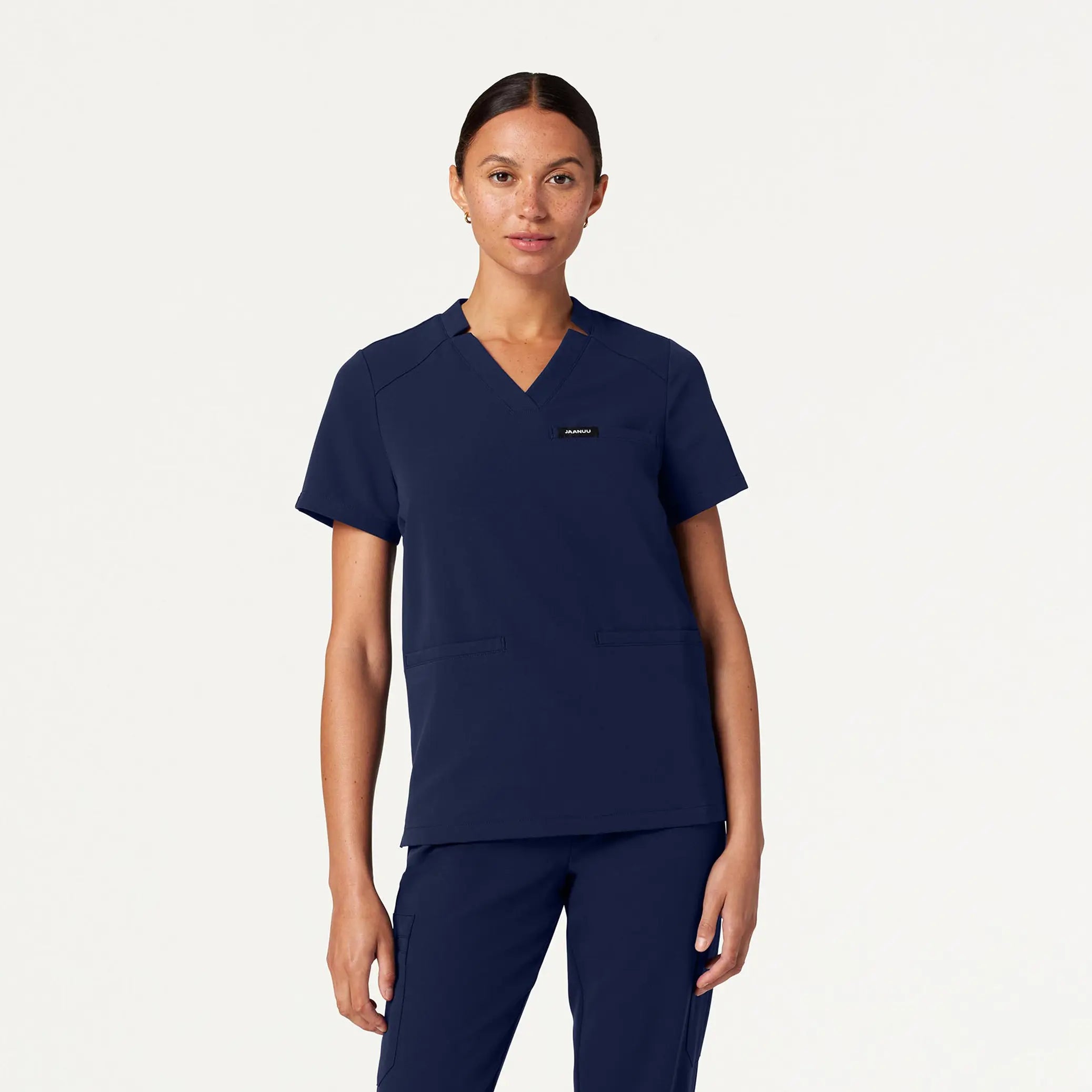 Jaanuu Women's Helia Notched V-Neck Scrub Top - Midnight Navy