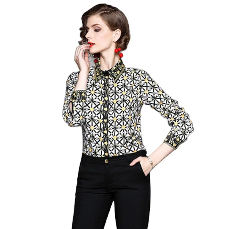 XC3222045-New Women's European and American Fashion Print Lapel Long Sleeve Shirt Slim Personalized Shirt