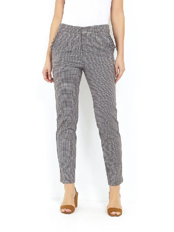 FRILL DETAIL CHECKED SLIM LEG TROUSERS