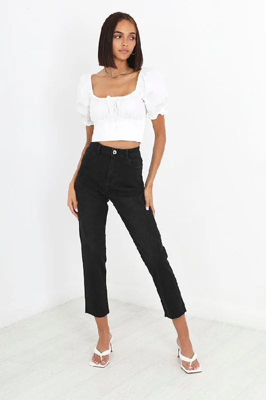 PLAIN BLACK RAW HEM DETAIL DENIM MOM JEANS