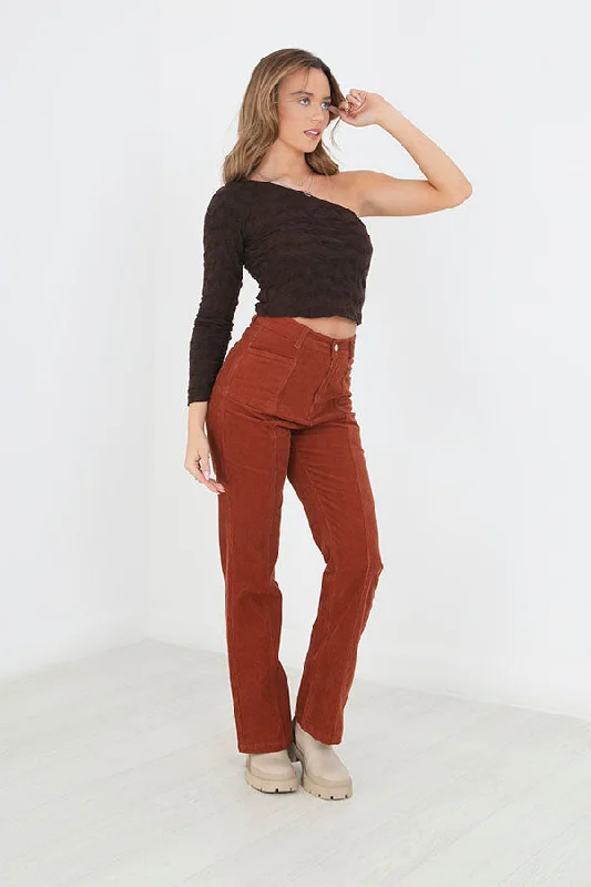 RUST BROWN HIGH WAISTED FLARED CORDUROY TROUSERS